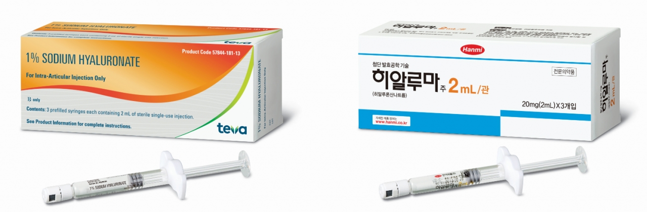 미국(좌)과 한국에서 판매되는 히알루마 패키지.(사진제공-=한미약품)