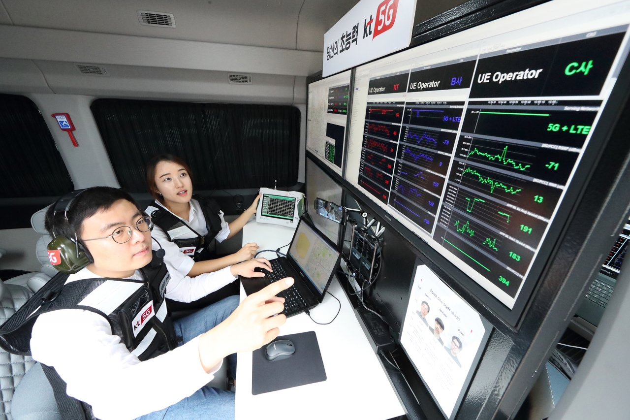 KT 네트워크부문 직원들이 5G 품질 측정 차량에서 KT 5G 네트워크 품질을 측정 및 분석하고 있다.
